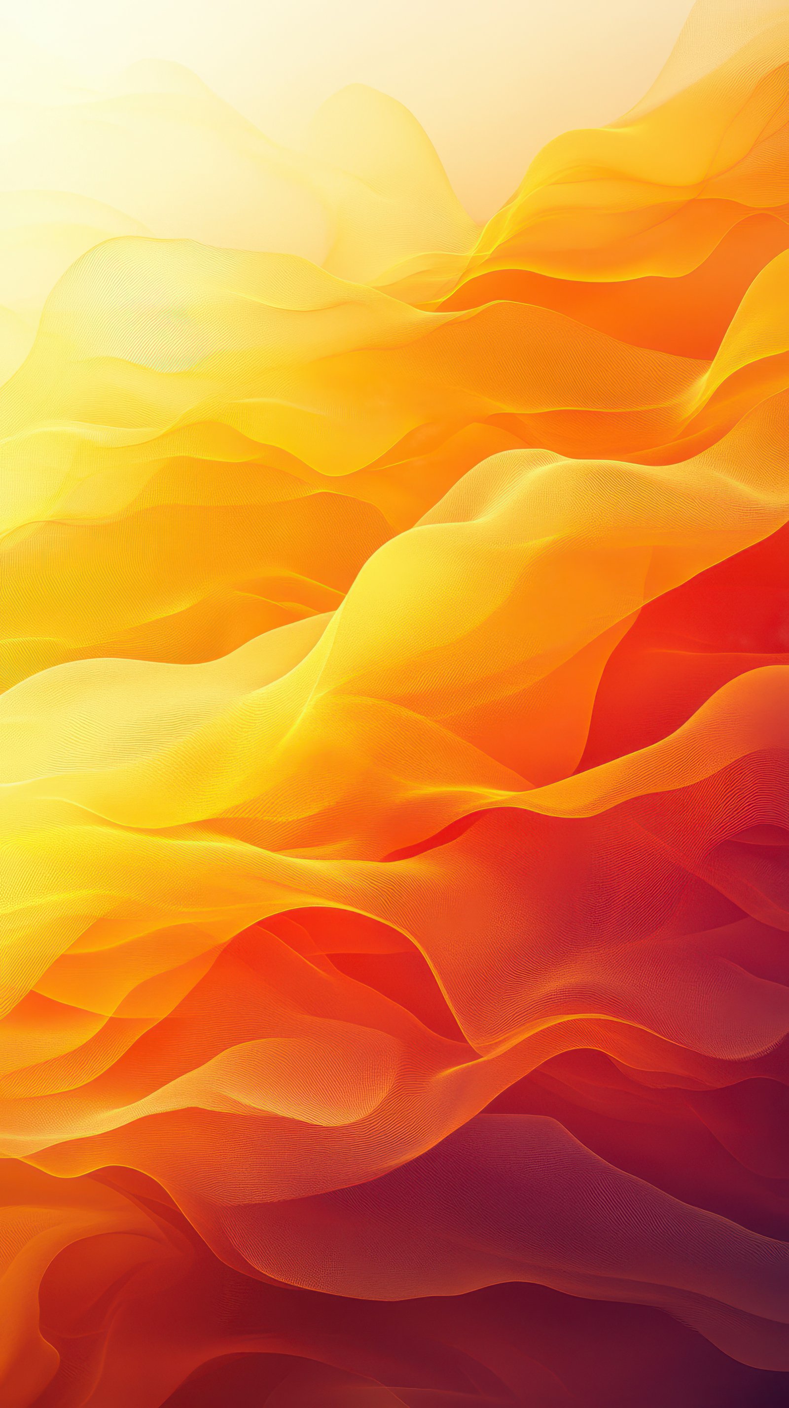 Vibrant orange and yellow abstract waves flowing seamlessly across the canvas at sunset in a warm and serene atmosphere
